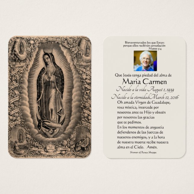 Spanska Guadalupe Mary Funeral Prayer Heliga Card Visitkort (Framsida & baksida)