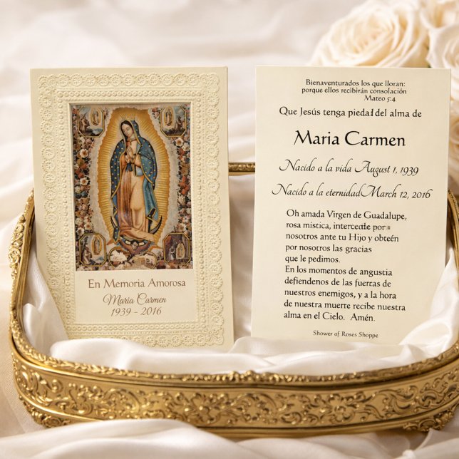 Spanska Guadalupe Mary Funeral Prayer Heliga Card Visitkort (Skapare uppladdad)