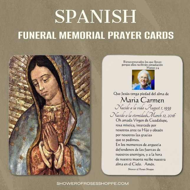 Spanska Guadalupe Mary Funeral Prayer Heliga Card Visitkort (Spanish Catholic Guadalupe Funeral Memorial Prayer Cards)