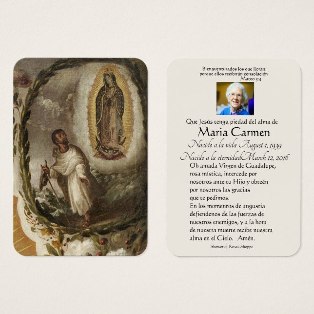 Spanska Guadalupe Mary Funeral Prayer Heliga Card Visitkort (Framsida & baksida)