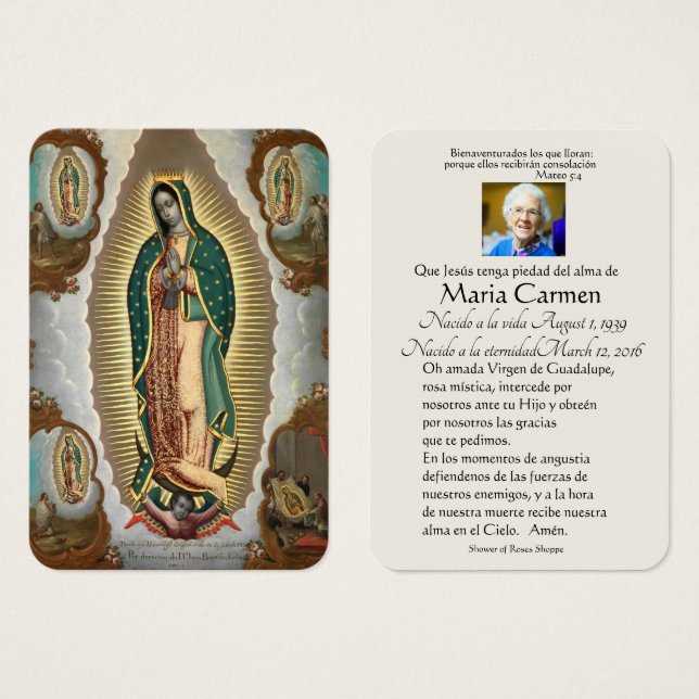 Spanska Guadalupe Mary Funeral Prayer Heliga Card Visitkort (Framsida & baksida)