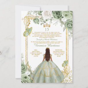 Spanska Guld 15 Años Sage Grönt Princess Birthday Inbjudningar
