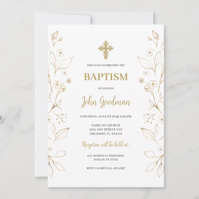Spanska guld-blommans minimalistiska baptism inbjudningar (Framsida)