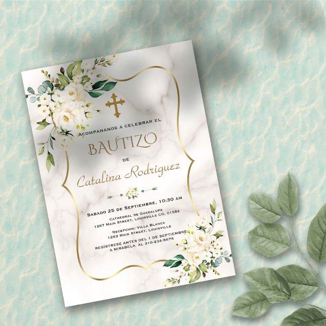 Spanska inbjudacion De Bautizo White Blommigt Marb Inbjudningar (Skapare uppladdad)