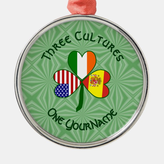 Spanska Irländska Amerikanska Flaggor Shamrock Dit Julgransprydnad Metall (Framsidan)