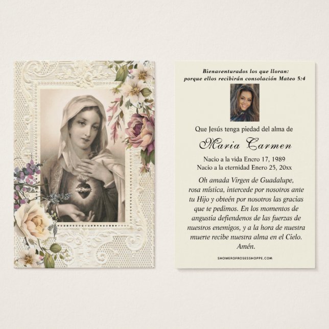 Spanska Junggin Mary Funeral Memorial Prayer Card Visitkort (Framsida & baksida)