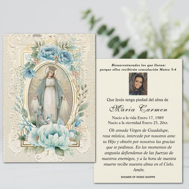 Spanska Junggin Mary Funeral Memorial Prayer Card Visitkort (Catholic Spanish Funeral Prayer Card with the Blessed Virgin Mary, Our Lady of Grace)