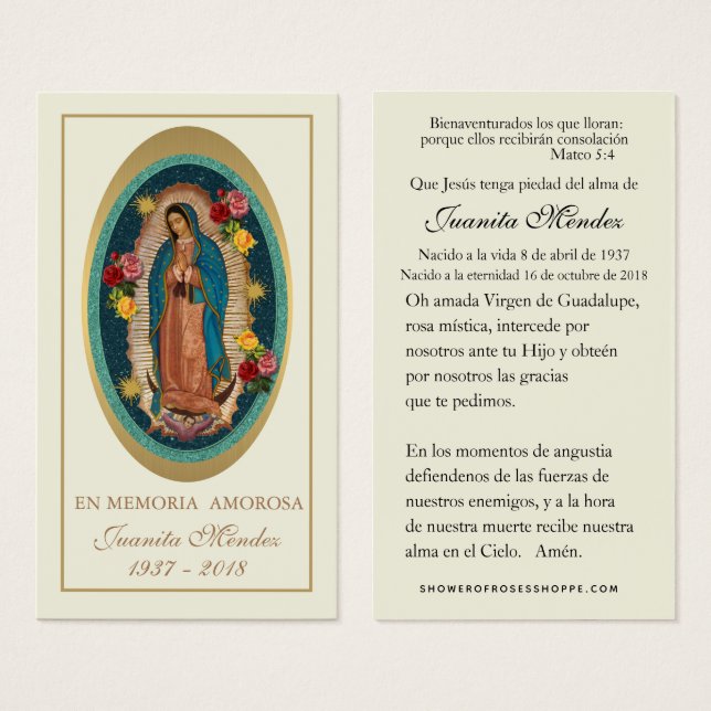 Spanska Junggin Mary Ro Funeral Prayer Card Visitkort (Framsida & baksida)
