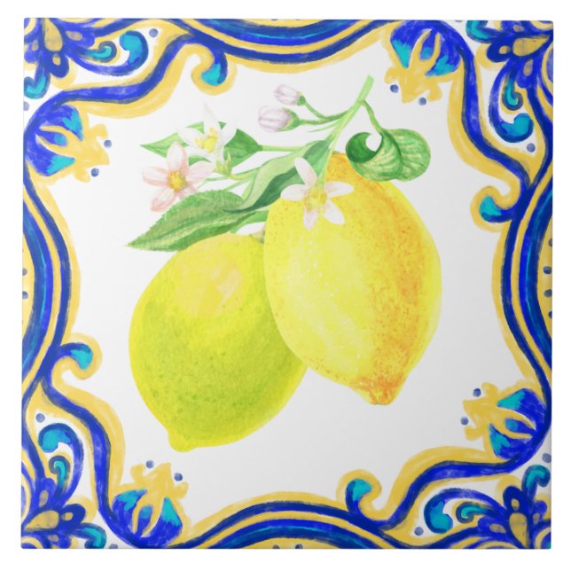 Spanska Lemon Mediterranean Gult Blue Kakelplatta (Framsidan)