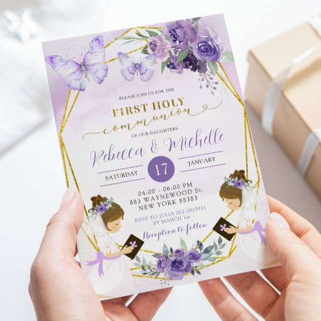 Spanska Lila Butterfly Twillingars First Communion Inbjudningar (Skapare uppladdad)