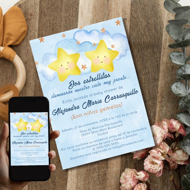 Spanska lilla stjärnor Blue Twin Boys Baby Shower Inbjudningar (Skapare uppladdad)