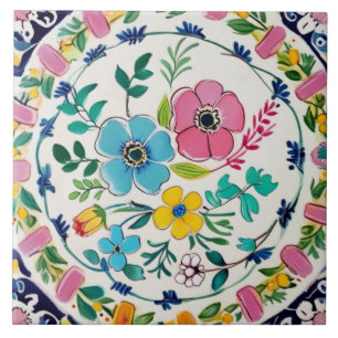 Spanska ljusa färgglada blommor rosa & blå blommor kakelplatta