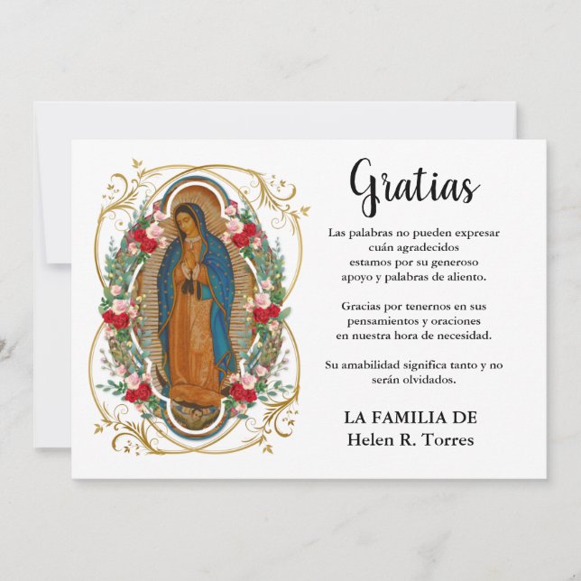 Spanska Mary Guadalupe Tack Condolence Kort (Framsida)