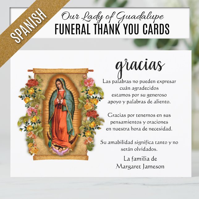 Spanska Mary Guadalupe Tack Condolence Kort (Funeral Thank You cards with  Spanish Catholic image of Our Lady of Guadalupe with roses)
