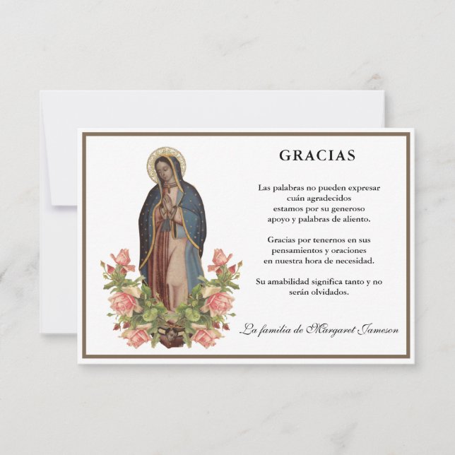 Spanska Mary Guadalupe Tack Condolence Kort (Framsida)