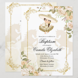 Spanska mexikanska Guld Girl Charra Baptism Inbjudningar