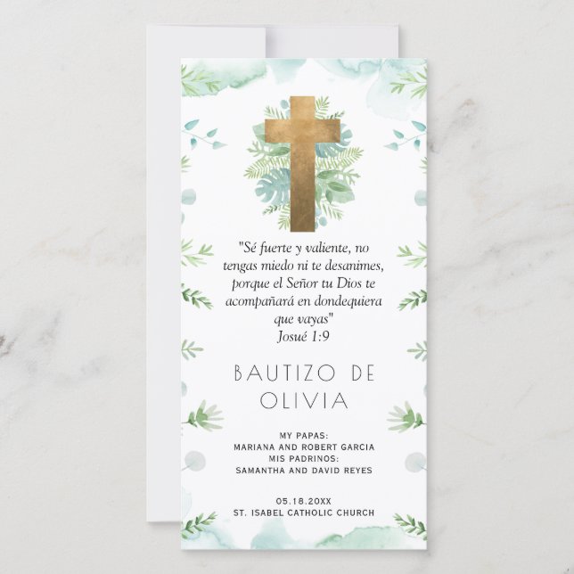 Spanska, Mint Greenery Baptism Bookmark Favor Tack Kort (Framsida)