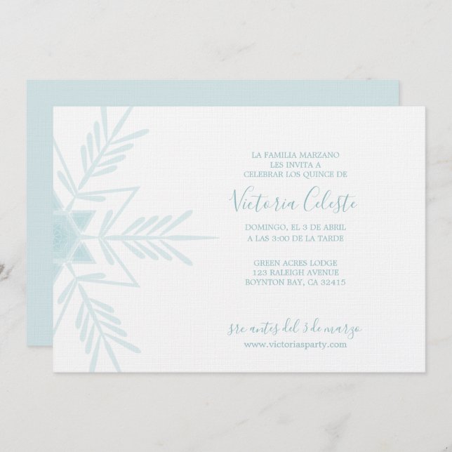 SPANSKA modern blå WINTER WONDERLAND quinceañera Inbjudningar (Fram/baksida)