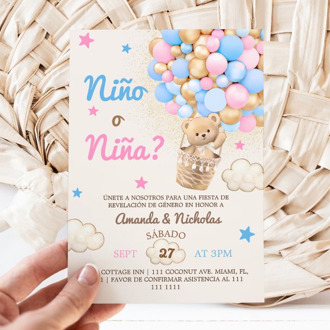 Spanska Nino o Nina Bear Balloon Gender Reveal Inbjudningar (Skapare uppladdad)