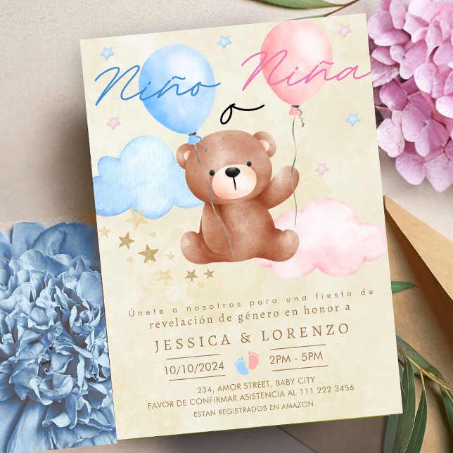 Spanska Nino o Nina Bear Balloon Gender Reveal Inbjudningar (Spanish Nino o Nina Bear Balloon Gender Reveal Invitation)