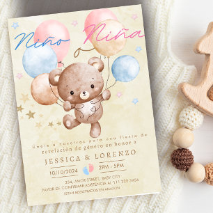 Spanska Nino o Nina Bear Balloon Gender Reveal Inbjudningar