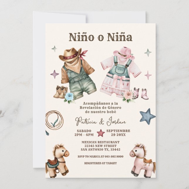 Spanska Nino o Nina Cowboy Gender Reveal Inbjudningar (Framsida)