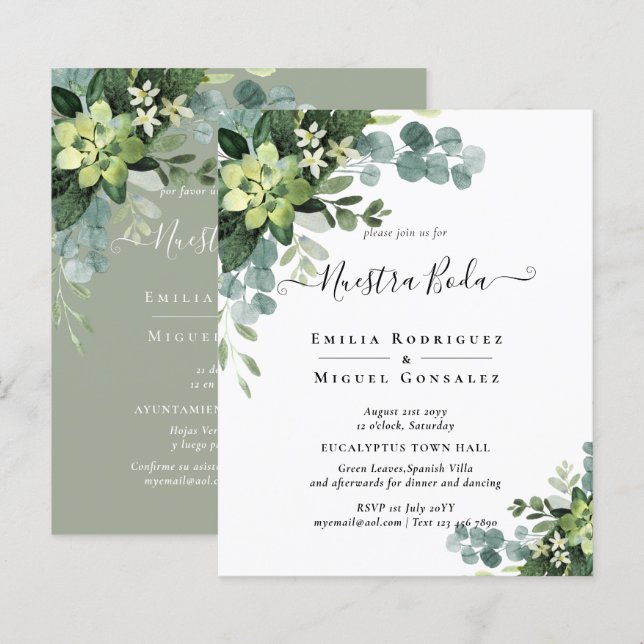 Spanska NUESTRA BODA Eucalyptus Grey BILINGUAL (Fram/baksida)