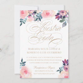 Spanska Nuestra Boda flores pintadas rosada morada Inbjudningar