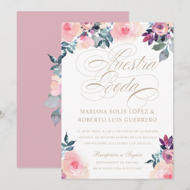 Spanska Nuestra Boda flores pintadas rosada morada Inbjudningar (Fram/baksida)