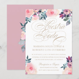 Spanska Nuestra Boda flores pintadas rosada morada Inbjudningar