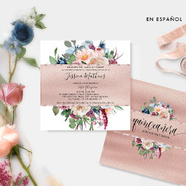 Spanska, Pastel Blommigt och Ro Guld Quinceañera Inbjudningar