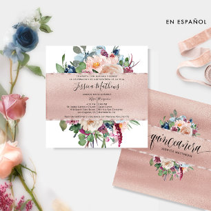 Spanska, Pastel Blommigt och Ro Guld Quinceañera Inbjudningar