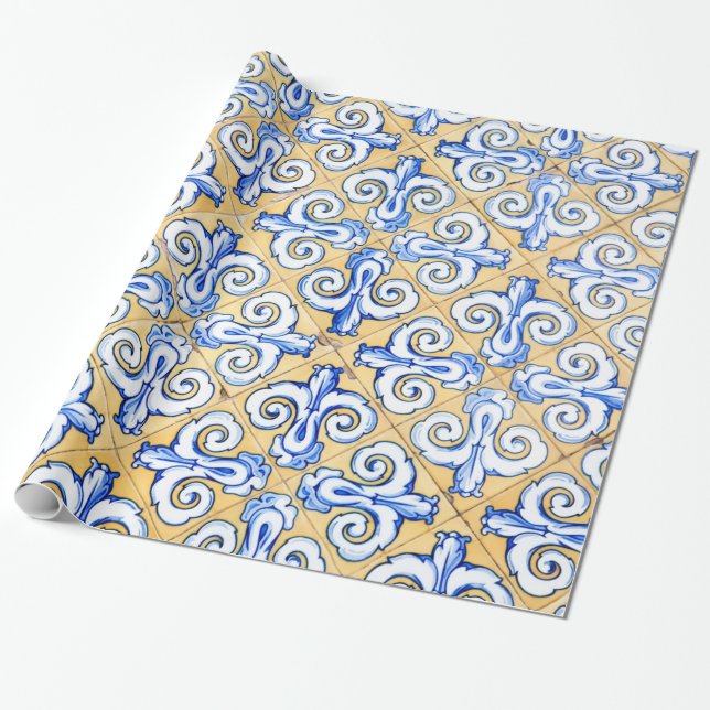 Spanska plattor - Azulejo Blue, Gult och White Presentpapper (Utrullad)