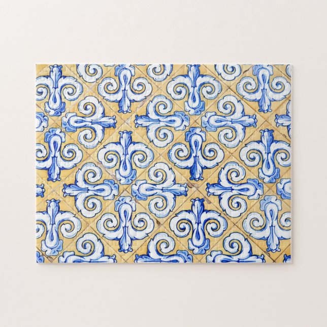 Spanska plattor - Azulejo Blue, Gult och White Pussel (Horisontell)
