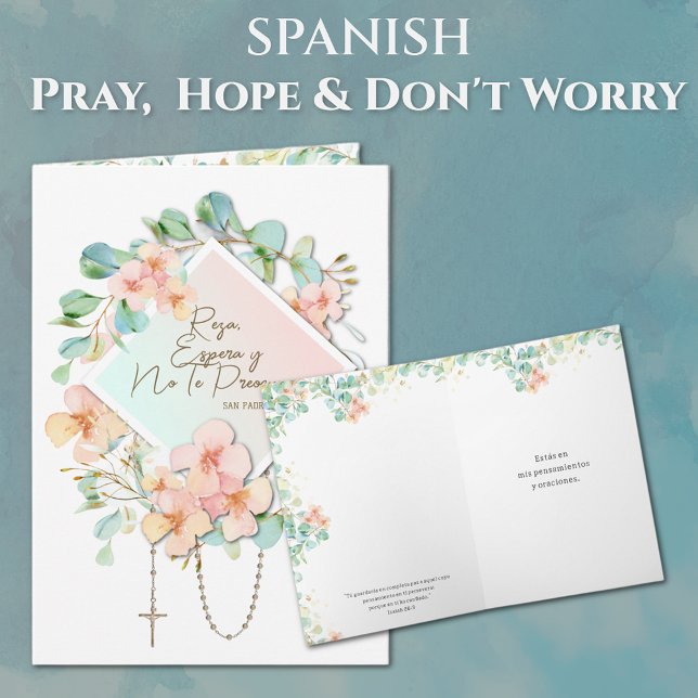 Spanska Pray Hope, oroa dig inte för Padre Pio Kort (Pray, Hope, & Don't Worry with Scripture Quote in Spanish)