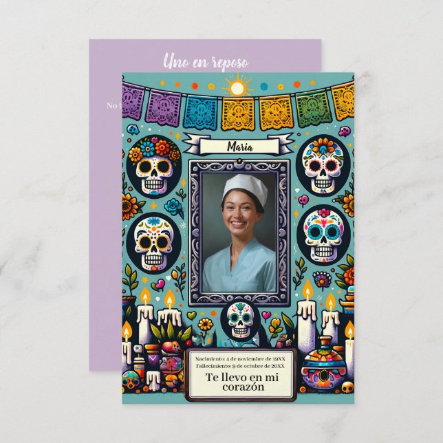 Spanska Prayer Card de los muertos (Fram/baksida)