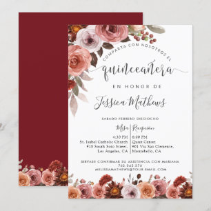 Spanska Quinceañera, Burgundy Blommigt Marsala Inbjudningar