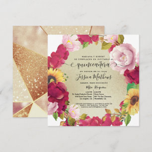 Spanska, Quinceañera Red Blommigt,Glitter-inbjudan