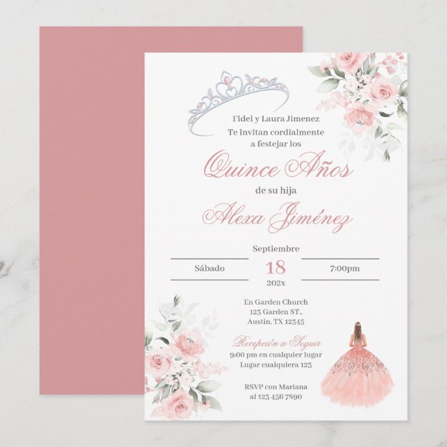 Spanska Quinceanera Rosa Blommigt Inbjudningar (Fram/baksida)