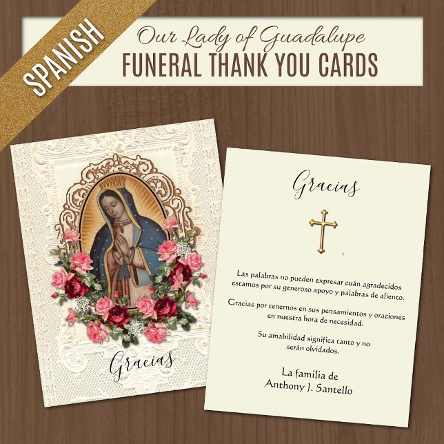 Spanska Religiösan Guadalupe Tack (Catholic Spanish Funeral  Memorial Thank You Cards)