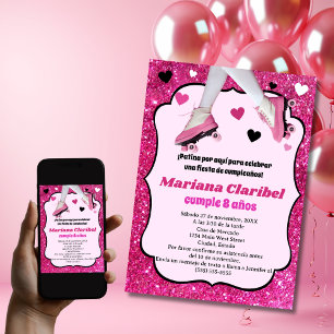 Spanska Retro Rosa Glitter Skating Girl's Birthday Inbjudningar