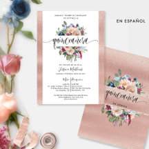Spanska, Ro Guld Pastel Blommigt Quinceañera Inv