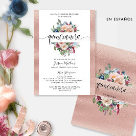 Spanska, Ro Guld Pastel Blommigt Quinceañera Inv Inbjudningar