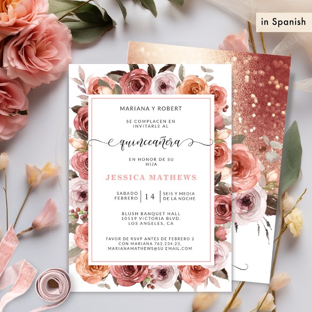 Spanska Ro Guld Quinceañera Rosa,  Blommigt Inbjudningar (Skapare uppladdad)