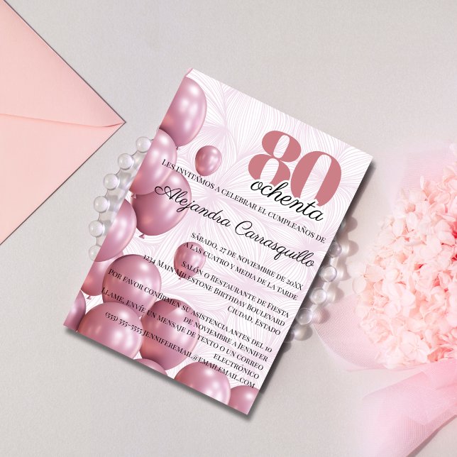 Spanska Rosa Blommiga Ballonger 80-års Födelsedag Inbjudningar (Skapare uppladdad)