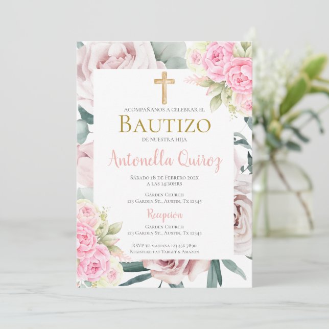 Spanska Rosa Blommigt Baptism Girl Inbjudningar (Stående Fram)