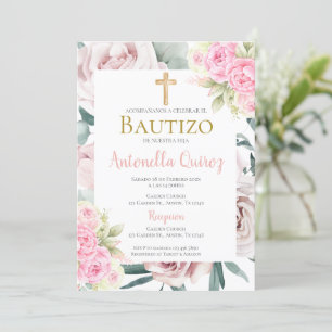 Spanska Rosa Blommigt Baptism Girl Inbjudningar