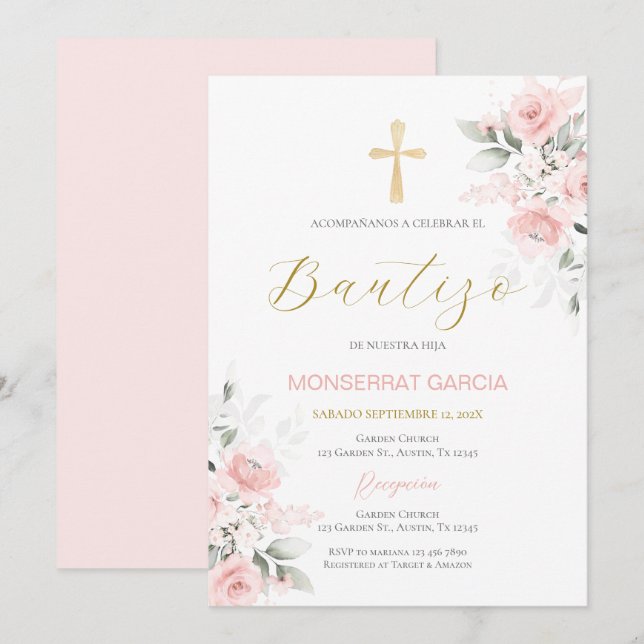 Spanska Rosa Blommigt Baptism Girl Inbjudningar (Fram/baksida)