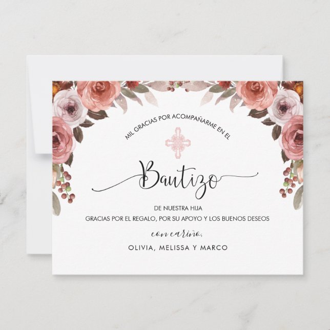 Spanska Rosa Blommigt Girl Girl's Baptism Tack (Framsida)