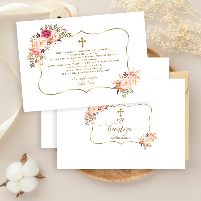 Spanska Rosa Blommigt Gracias Con Oración Bautizo Tack Kort (Baptism thank you, trendy pink floral gold  bautizo con oracion, Spanish baptism thank you)